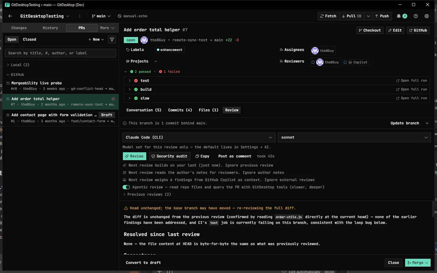 An AI code review re-running on a pull request in GitDesktop — it builds on the previous review round, re-verifies every earlier finding, and lists blocker and should-fix issues with code references